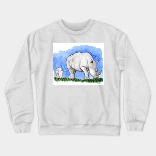 Rhinoceros with baby calf watercolor and ink illustration Crewneck Sweatshirt